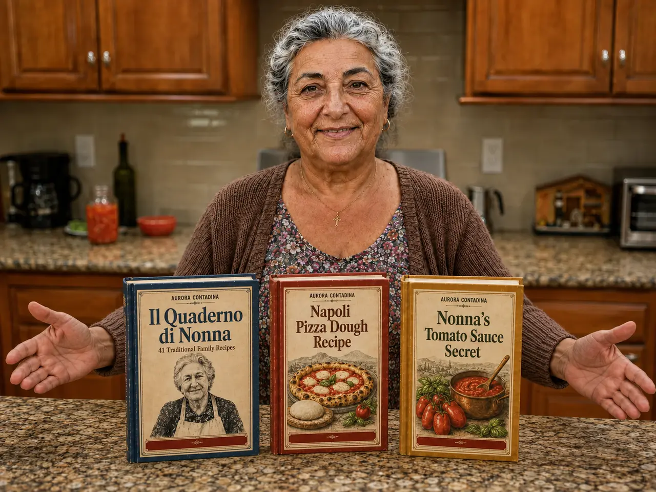 Aurora presenting Il Quaderno di Nonna, Napoli Pizza Dough Recipe, and Nonna's Tomato Sauce Secret in her kitchen