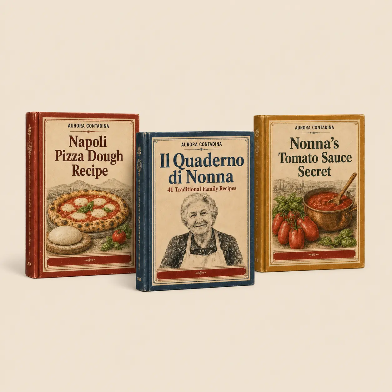 The three Aurora Contadina cookbooks: Il Quaderno di Nonna, Napoli Pizza Dough Recipe, and Nonna's Tomato Sauce Secret