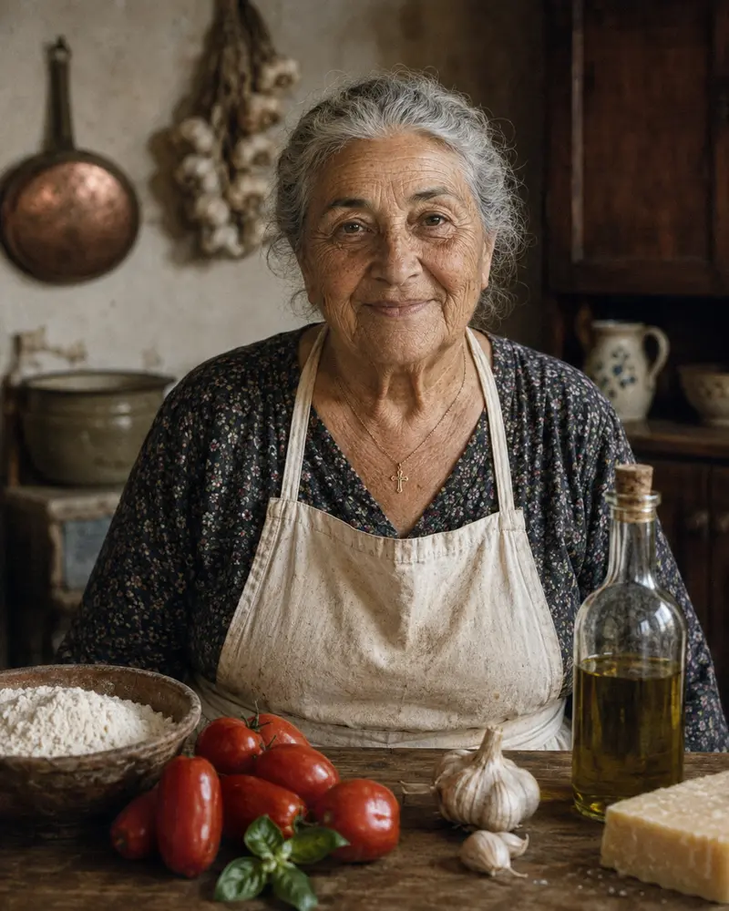 Aurora's nonna in her Tuscan kitchen with traditional Italian ingredients
